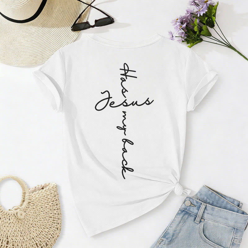 Christianartworkshop T-shirt casual con scollo a V e stampa "Gesù mi protegge" fronte e retro. - image 34
