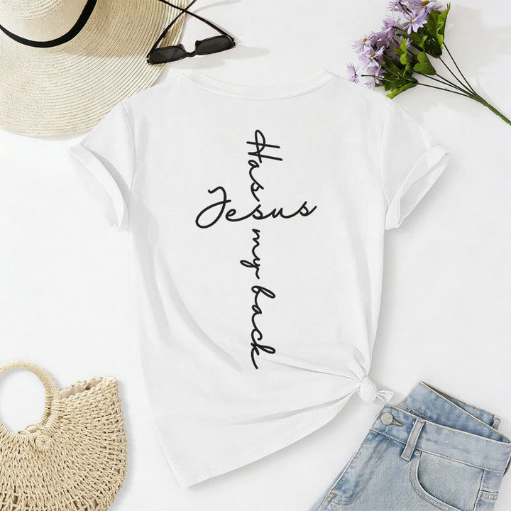 Christianartworkshop T-shirt casual con scollo a V e stampa "Gesù mi protegge" fronte e retro. - image 34
