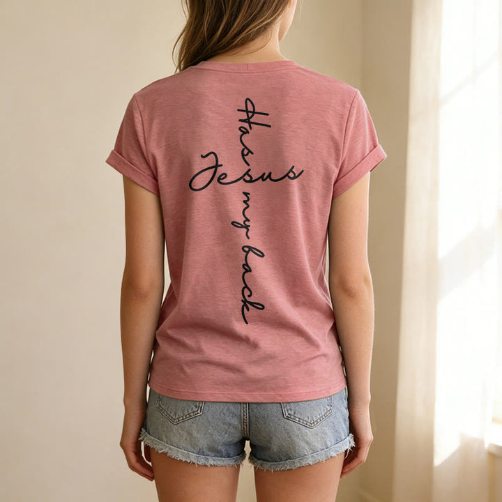 Christianartworkshop T-shirt casual con scollo a V e stampa "Gesù mi protegge" fronte e retro. - image 47