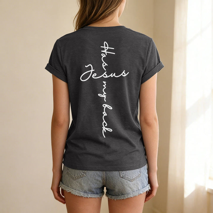 Christianartworkshop T-shirt casual con scollo a V e stampa "Gesù mi protegge" fronte e retro. - image 5