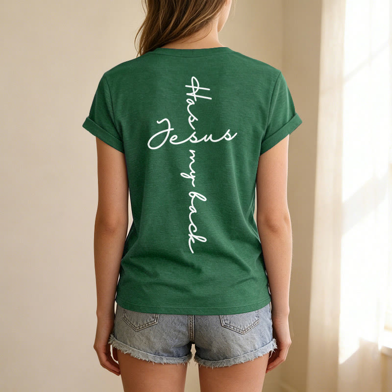 Christianartworkshop T-shirt casual con scollo a V e stampa "Gesù mi protegge" fronte e retro. - image 53