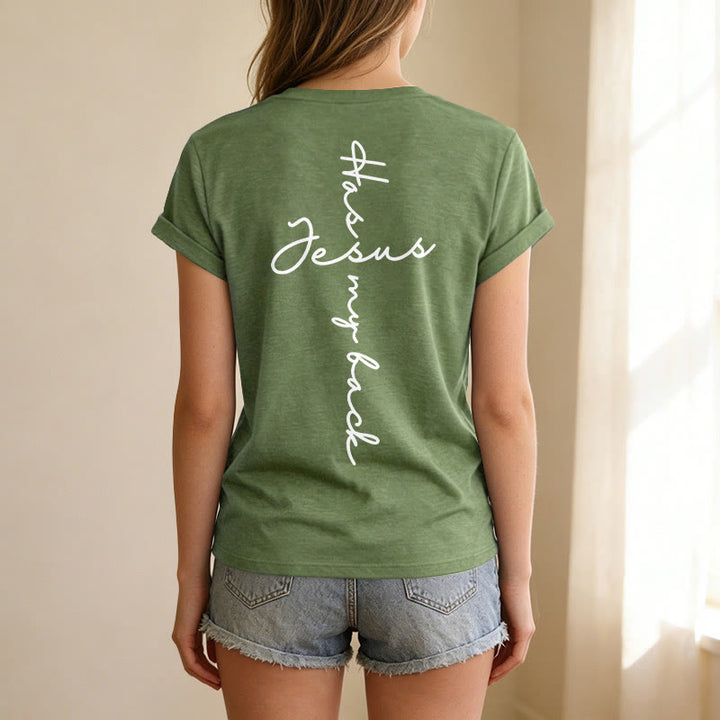 Christianartworkshop T-shirt casual con scollo a V e stampa "Gesù mi protegge" fronte e retro. - image 29