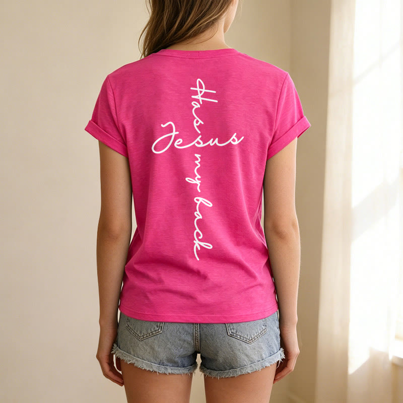 Christianartworkshop T-shirt casual con scollo a V e stampa "Gesù mi protegge" fronte e retro. - image 77