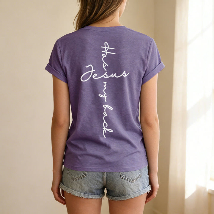 Christianartworkshop T-shirt casual con scollo a V e stampa "Gesù mi protegge" fronte e retro. - image 59