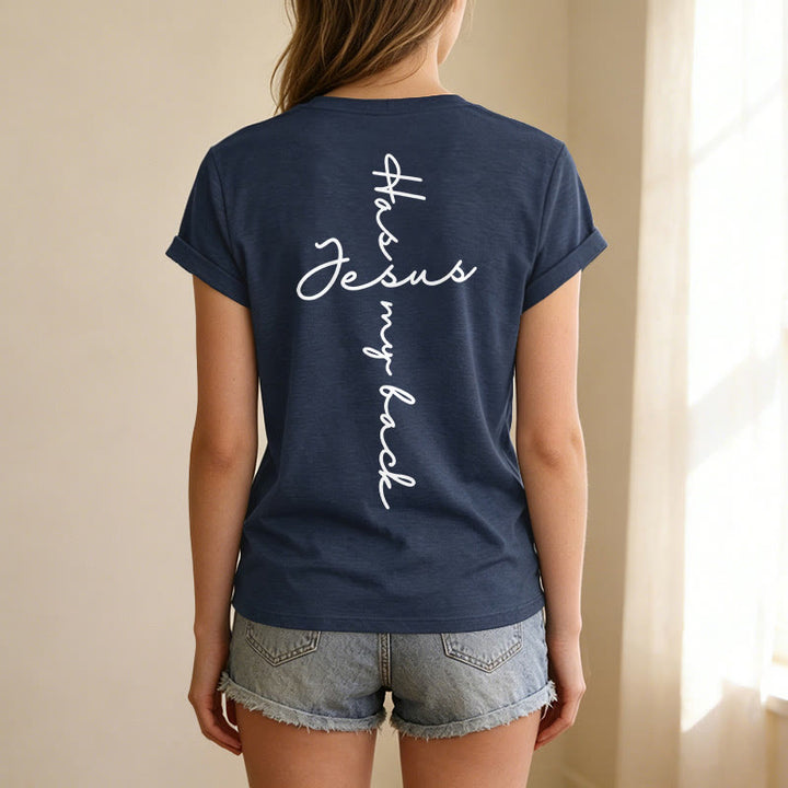 Christianartworkshop T-shirt casual con scollo a V e stampa "Gesù mi protegge" fronte e retro. - image 65