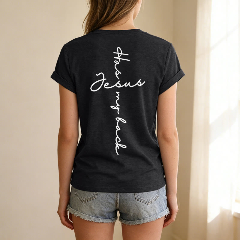 Christianartworkshop T-shirt casual con scollo a V e stampa "Gesù mi protegge" fronte e retro. - image 11