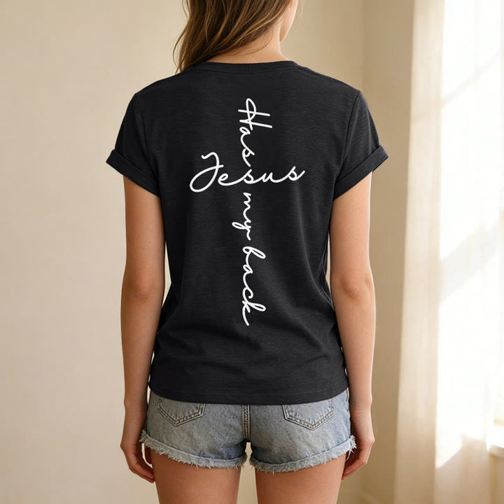 Christianartworkshop T-shirt casual con scollo a V e stampa "Gesù mi protegge" fronte e retro. - image 11
