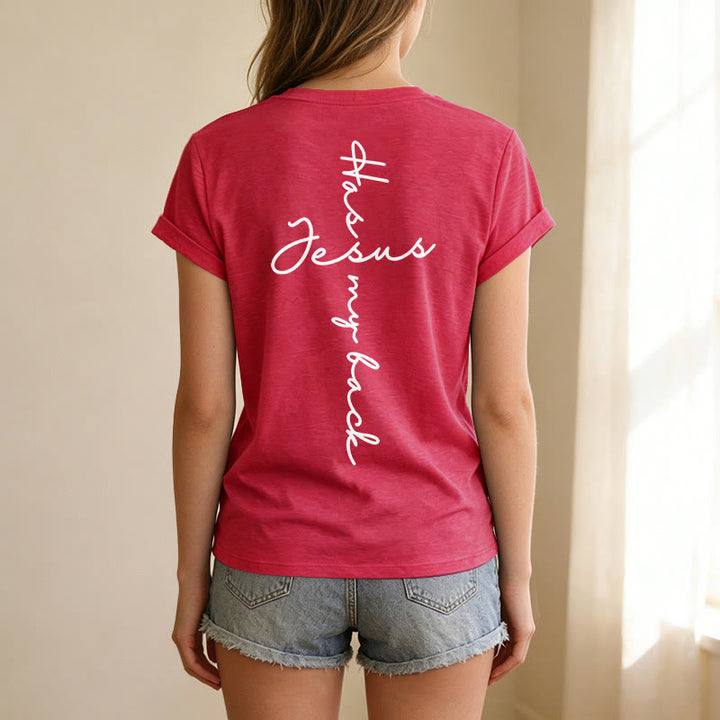 Christianartworkshop T-shirt casual con scollo a V e stampa "Gesù mi protegge" fronte e retro. - image 71