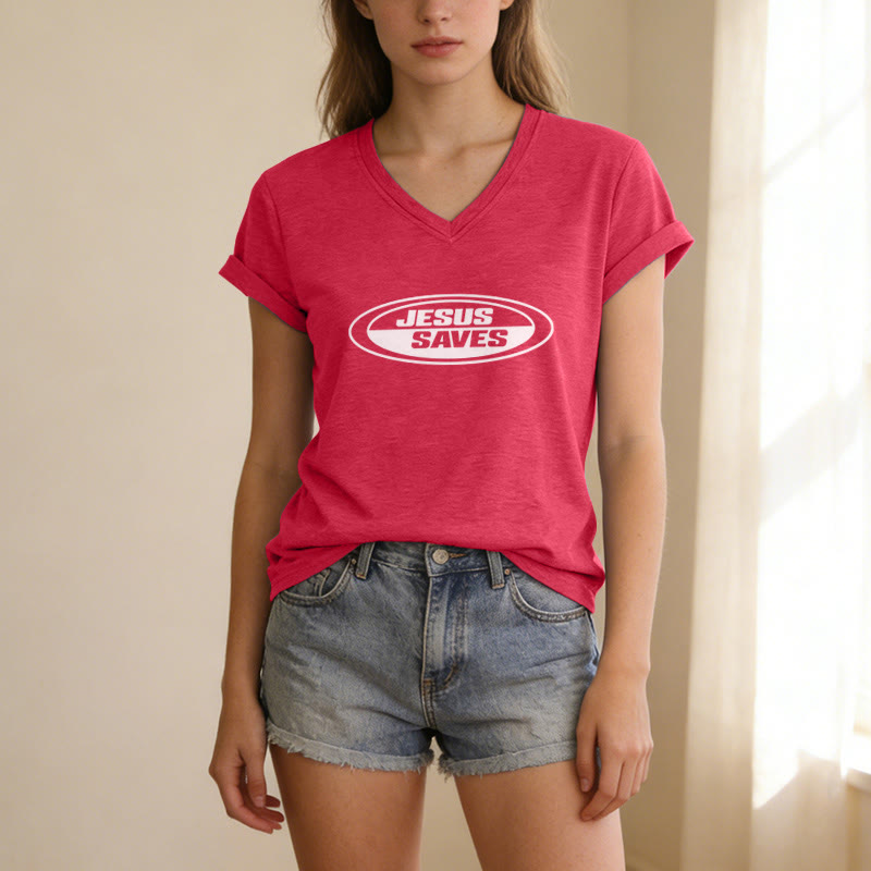 Christianartworkshop T-shirt casual con scollo a V e scritta ovale retrò "Gesù salva". - image 23