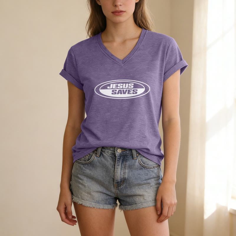Christianartworkshop T-shirt casual con scollo a V e scritta ovale retrò "Gesù salva". - image 19