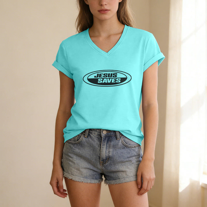 Christianartworkshop T-shirt casual con scollo a V e scritta ovale retrò "Gesù salva". - image 13