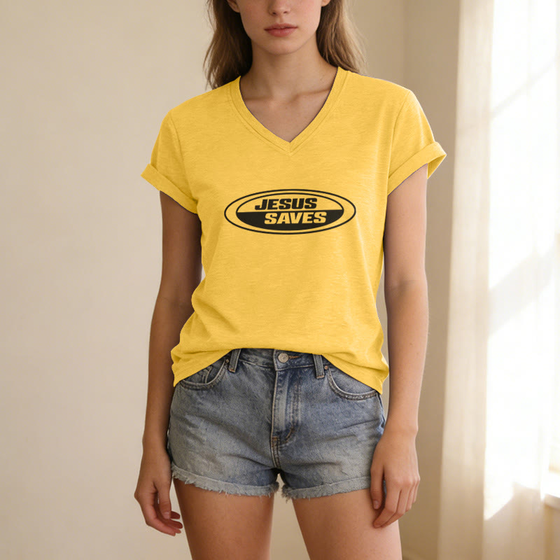 Christianartworkshop T-shirt casual con scollo a V e scritta ovale retrò "Gesù salva". - image 7