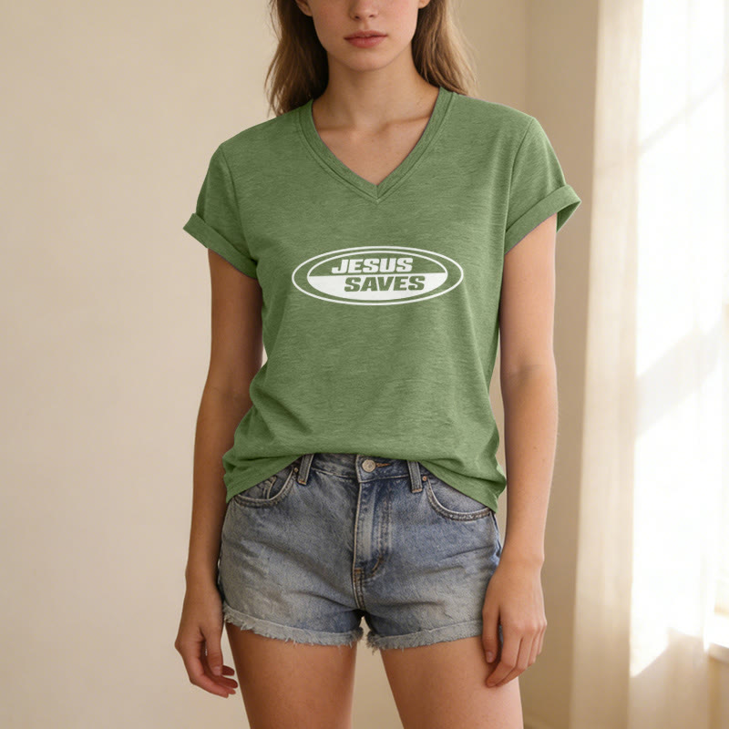 Christianartworkshop T-shirt casual con scollo a V e scritta ovale retrò "Gesù salva". - image 9