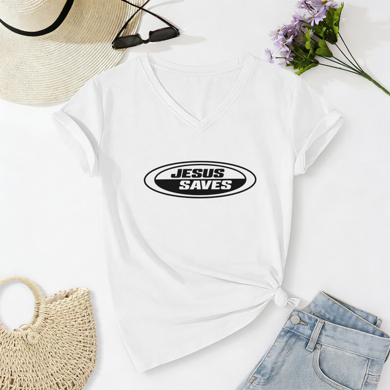 Christianartworkshop T-shirt casual con scollo a V e scritta ovale retrò "Gesù salva". - Bianco - 2XL - image 10