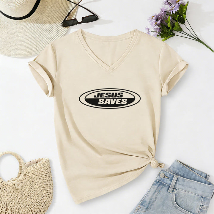 Christianartworkshop T-shirt casual con scollo a V e scritta ovale retrò "Gesù salva". - Beige - 2XL - image 4
