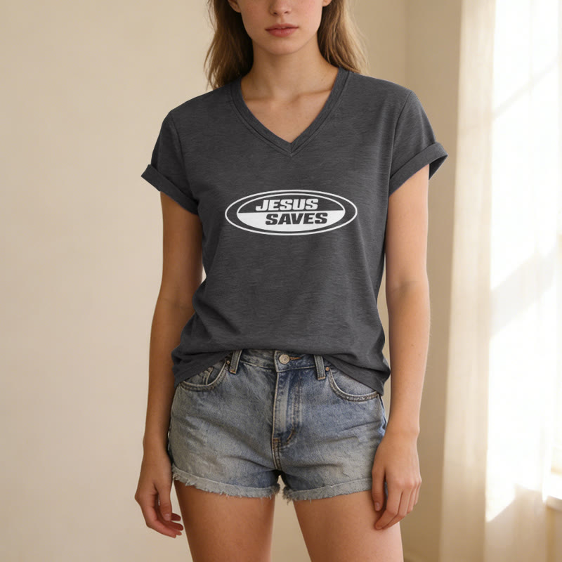 Christianartworkshop T-shirt casual con scollo a V e scritta ovale retrò "Gesù salva". - image 1