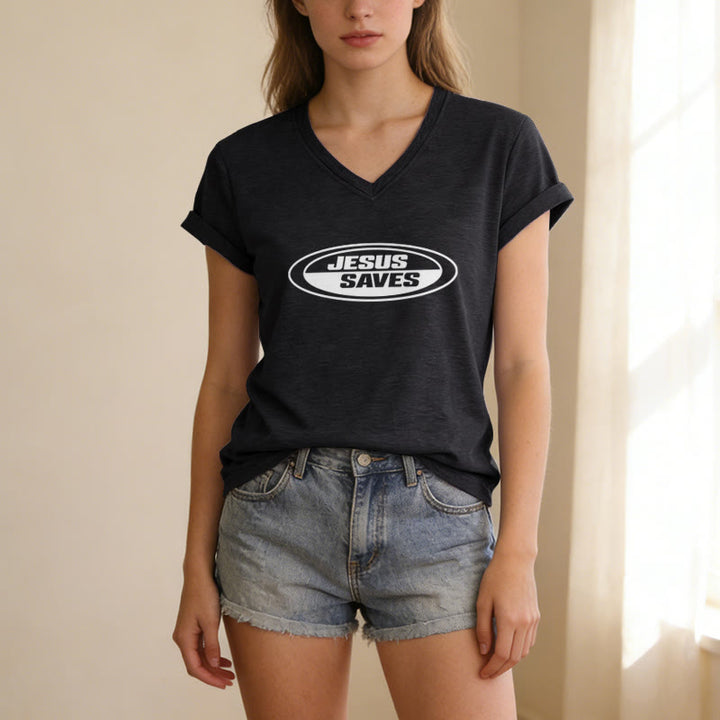 Christianartworkshop T-shirt casual con scollo a V e scritta ovale retrò "Gesù salva". - image 3