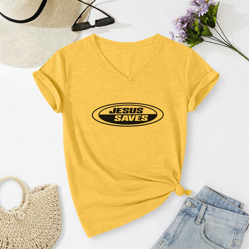Christianartworkshop T-shirt casual con scollo a V e scritta ovale retrò "Gesù salva". - Giallo - 2XL - image 6