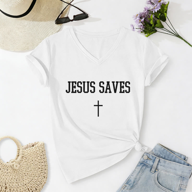 Christianartworkshop T-shirt casual con scollo a V e scritta "Gesù salva" con croce. - Bianco - 2XL - image 12