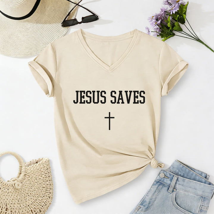 Christianartworkshop T-shirt casual con scollo a V e scritta "Gesù salva" con croce. - Beige - 2XL - image 6