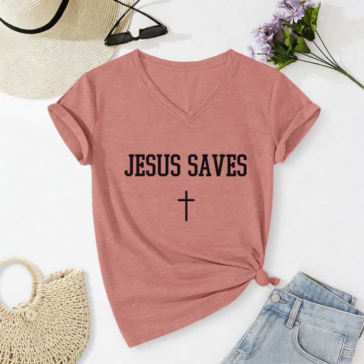 Christianartworkshop T-shirt casual con scollo a V e scritta "Gesù salva" con croce. - Rosa chiaro - 2XL - image 16