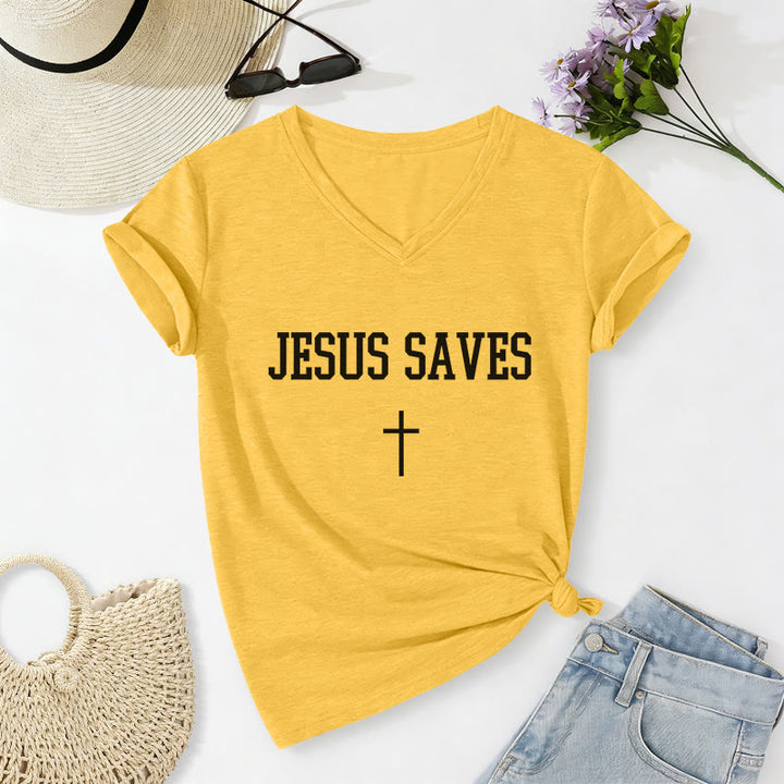 Christianartworkshop T-shirt casual con scollo a V e scritta "Gesù salva" con croce. - Giallo - 2XL - image 8