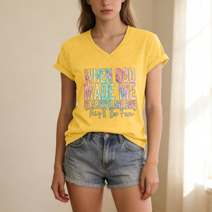 Christianartworkshop T-shirt casual con scollo a V e stampa sfumata colorata "When God Made Me" - image 9