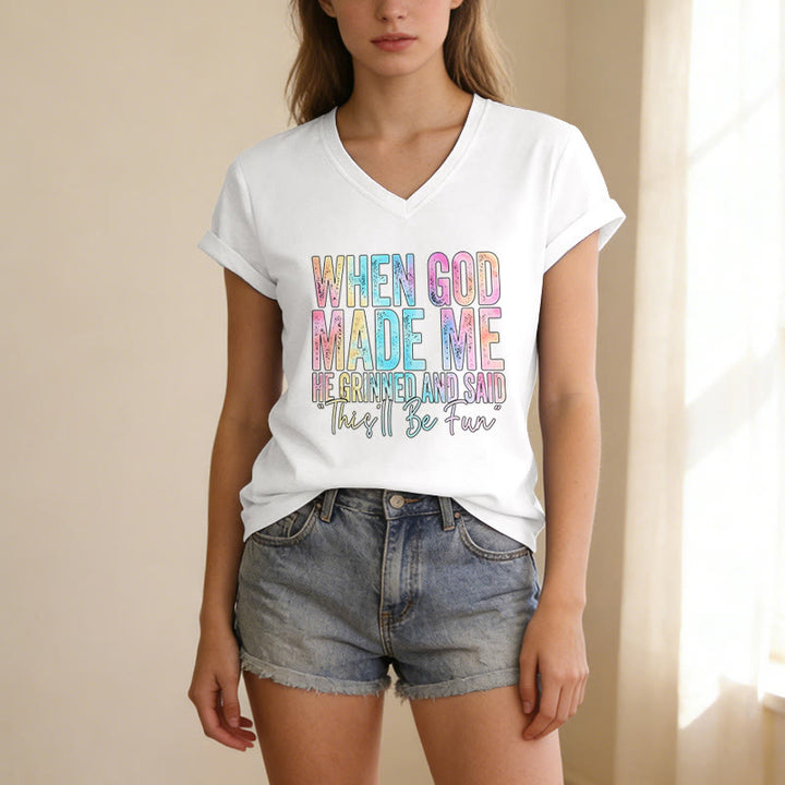 Christianartworkshop T-shirt casual con scollo a V e stampa sfumata colorata "When God Made Me" - image 13