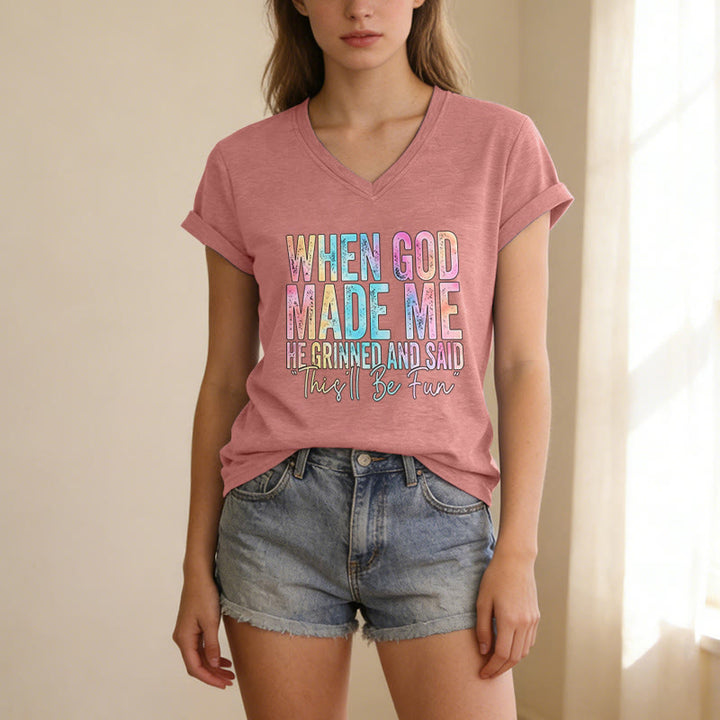 Christianartworkshop T-shirt casual con scollo a V e stampa sfumata colorata "When God Made Me" - image 17