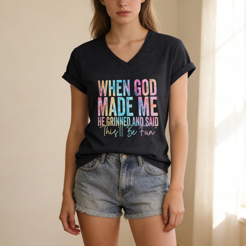 Christianartworkshop T-shirt casual con scollo a V e stampa sfumata colorata "When God Made Me" - image 5