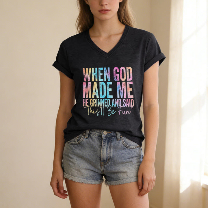 Christianartworkshop T-shirt casual con scollo a V e stampa sfumata colorata "When God Made Me" - image 5