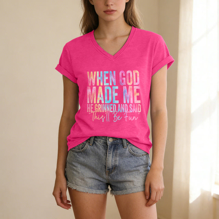 Christianartworkshop T-shirt casual con scollo a V e stampa sfumata colorata "When God Made Me" - image 25