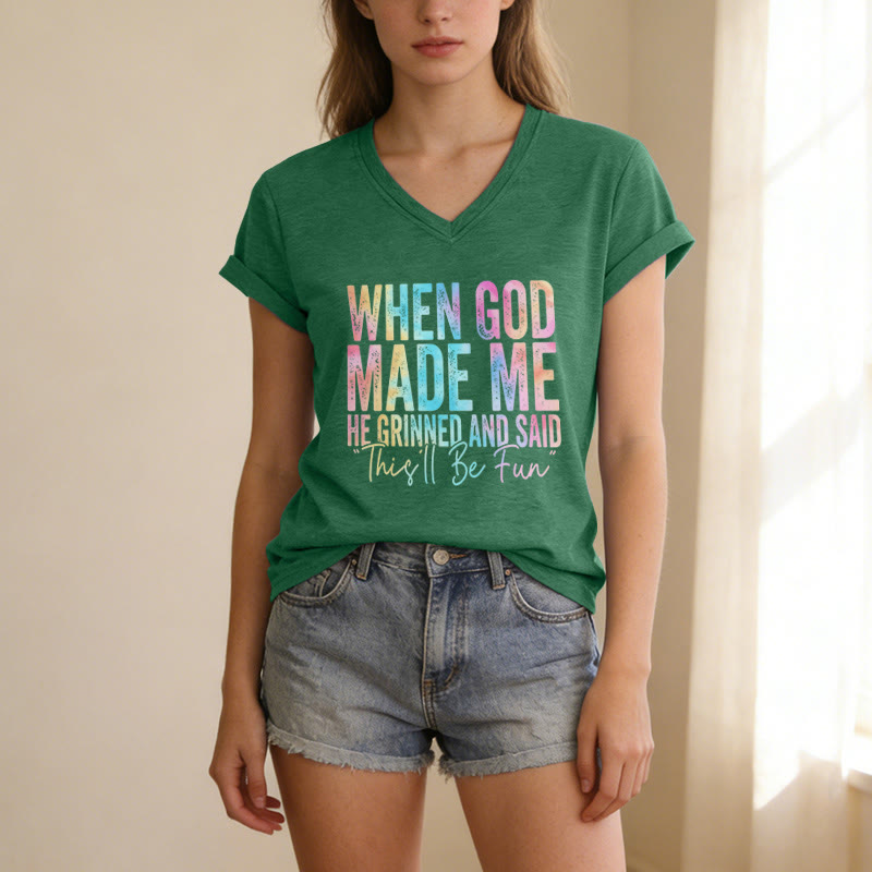 Christianartworkshop T-shirt casual con scollo a V e stampa sfumata colorata "When God Made Me" - image 19