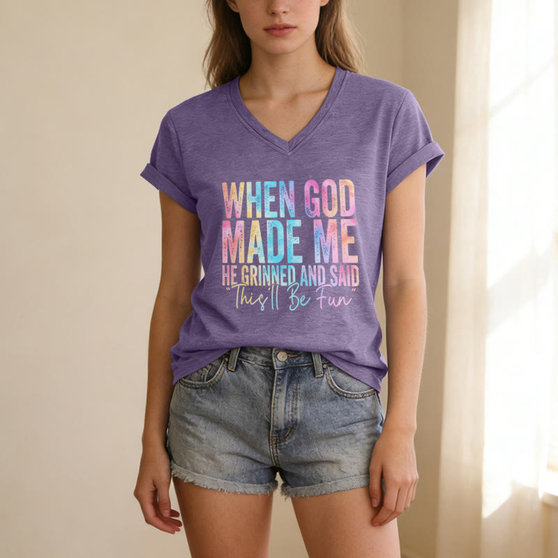 Christianartworkshop T-shirt casual con scollo a V e stampa sfumata colorata "When God Made Me" - image 21
