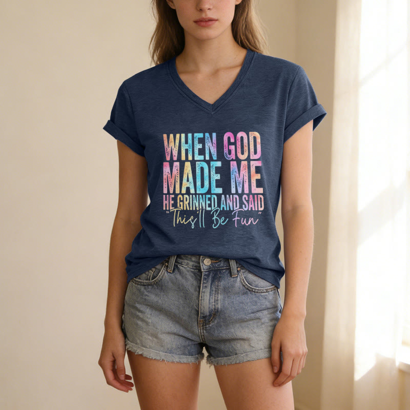 Christianartworkshop T-shirt casual con scollo a V e stampa sfumata colorata "When God Made Me" - image 1