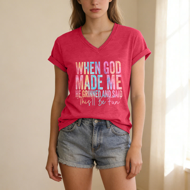 Christianartworkshop T-shirt casual con scollo a V e stampa sfumata colorata "When God Made Me" - image 23
