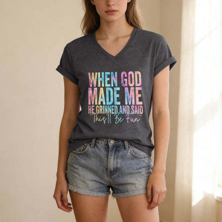 Christianartworkshop T-shirt casual con scollo a V e stampa sfumata colorata "When God Made Me" - image 3