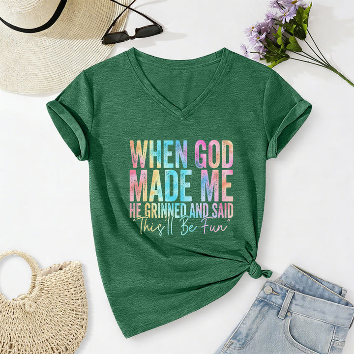 Christianartworkshop T-shirt casual con scollo a V e stampa sfumata colorata "When God Made Me" - Verde scuro - 2XL - image 18