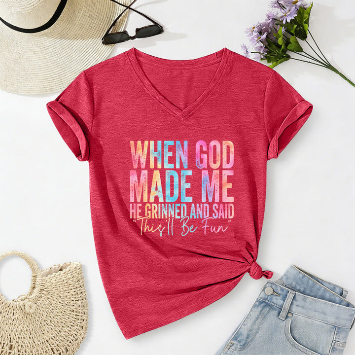Christianartworkshop T-shirt casual con scollo a V e stampa sfumata colorata "When God Made Me" - Rosso - 2XL - image 22