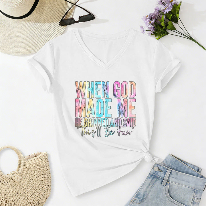 Christianartworkshop T-shirt casual con scollo a V e stampa sfumata colorata "When God Made Me" - Bianco - 2XL - image 12