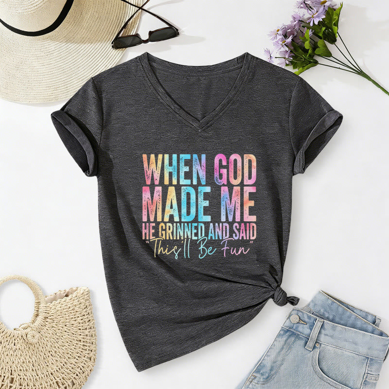 Christianartworkshop T-shirt casual con scollo a V e stampa sfumata colorata "When God Made Me" - Grigio scuro - 2XL - image 2