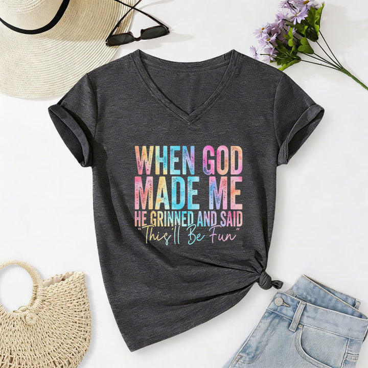Christianartworkshop T-shirt casual con scollo a V e stampa sfumata colorata "When God Made Me" - Grigio scuro - 2XL - image 2