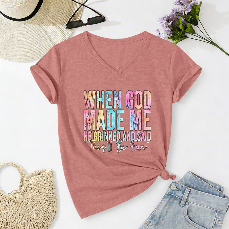 Christianartworkshop T-shirt casual con scollo a V e stampa sfumata colorata "When God Made Me" - Rosa chiaro - 2XL - image 16