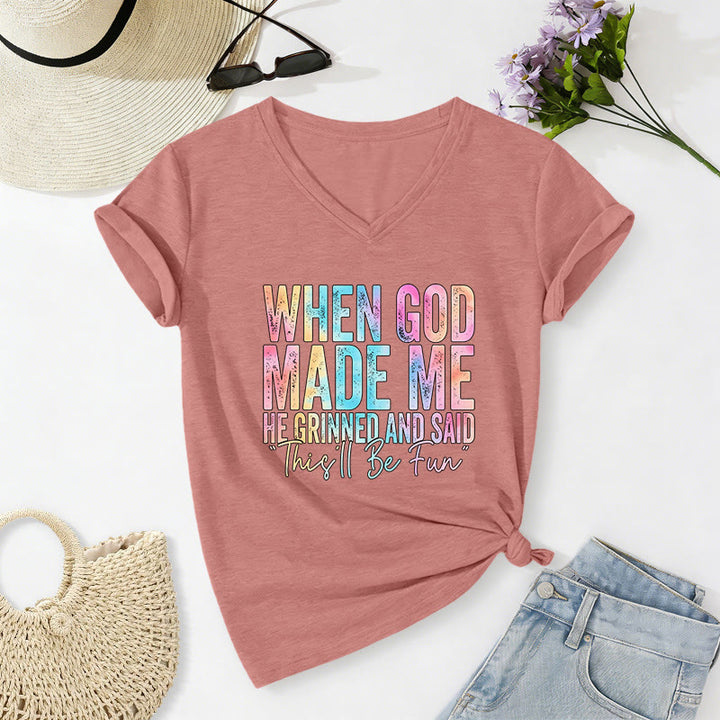 Christianartworkshop T-shirt casual con scollo a V e stampa sfumata colorata "When God Made Me" - Rosa chiaro - 2XL - image 16
