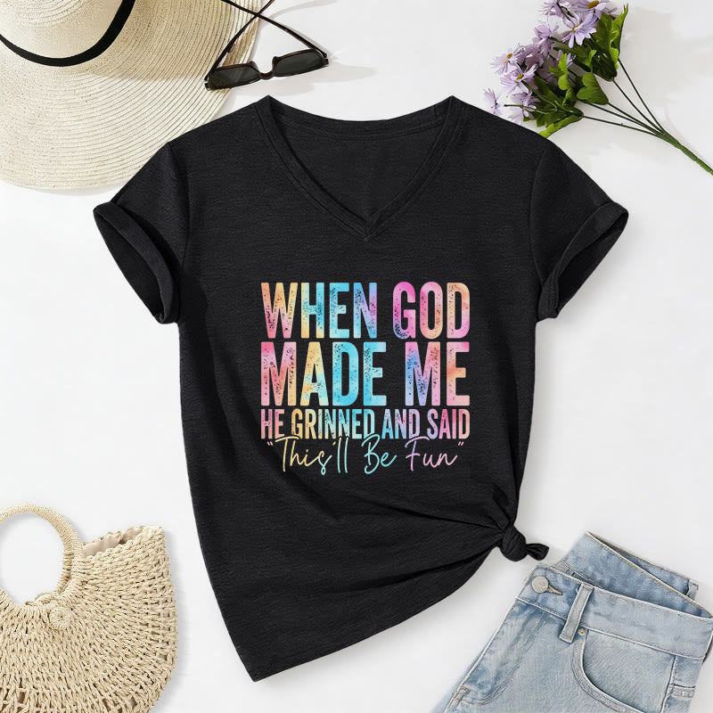 Christianartworkshop T-shirt casual con scollo a V e stampa sfumata colorata "When God Made Me" - Nero - 2XL - image 4