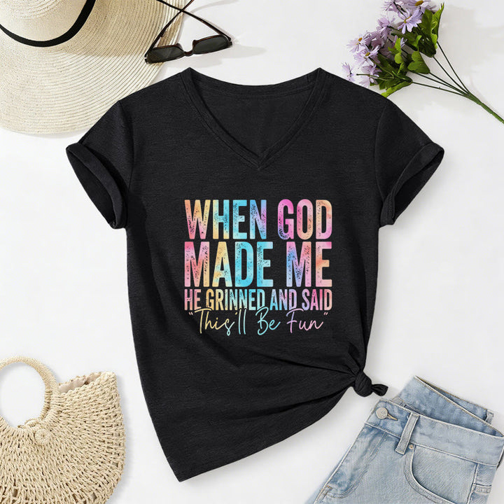 Christianartworkshop T-shirt casual con scollo a V e stampa sfumata colorata "When God Made Me" - Nero - 2XL - image 4