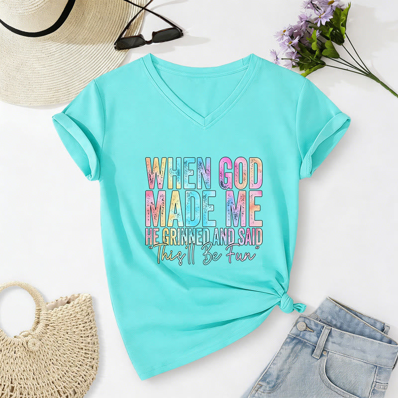 Christianartworkshop T-shirt casual con scollo a V e stampa sfumata colorata "When God Made Me" - Blu celeste - 2XL - image 14