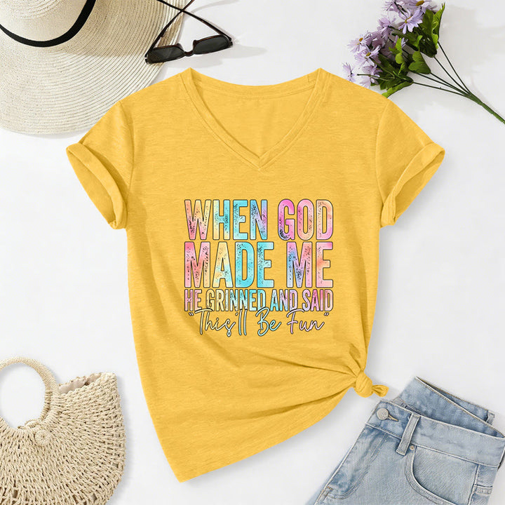 Christianartworkshop T-shirt casual con scollo a V e stampa sfumata colorata "When God Made Me" - Giallo - 2XL - image 8