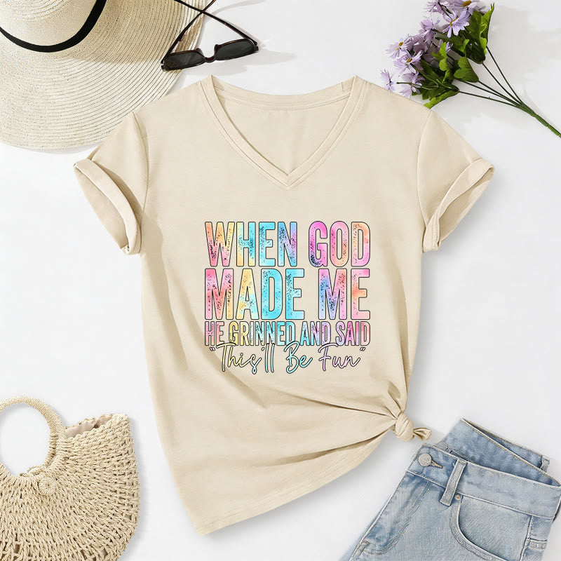 Christianartworkshop T-shirt casual con scollo a V e stampa sfumata colorata "When God Made Me" - Beige - 2XL - image 6