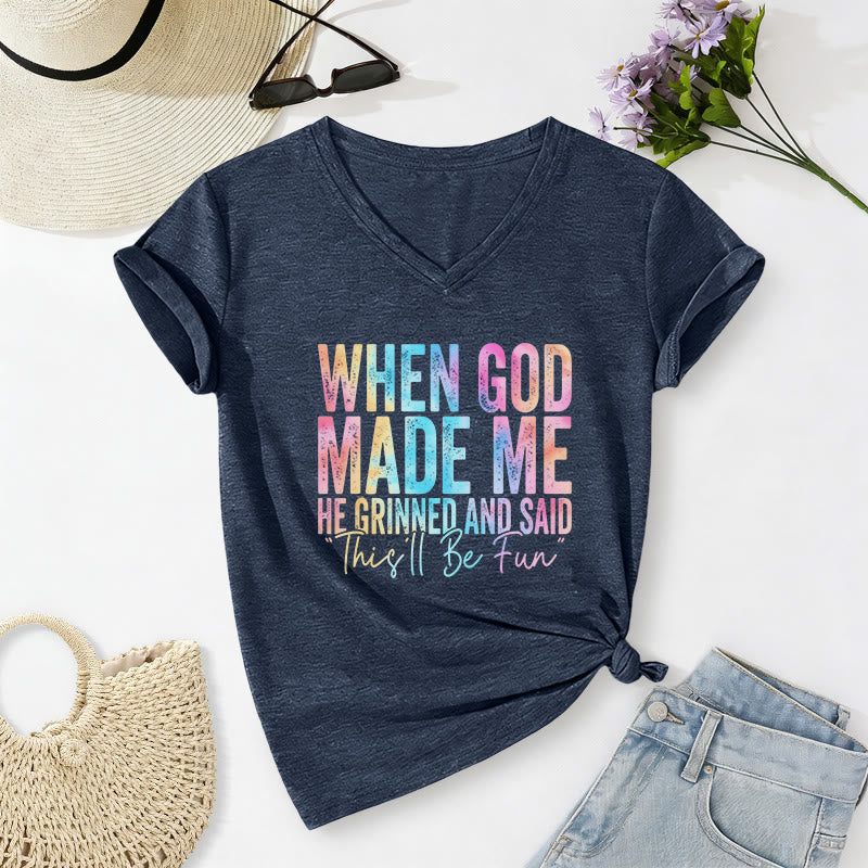 Christianartworkshop T-shirt casual con scollo a V e stampa sfumata colorata "When God Made Me" - Blu navy - 2XL - image 0